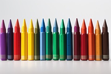  a row of colored crayons lined up in a row on a white surface with one of the crayon crayons in front of the row.  generative ai
