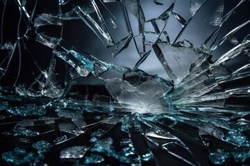 a broken glass window with a sky in the back ground.  generative ai