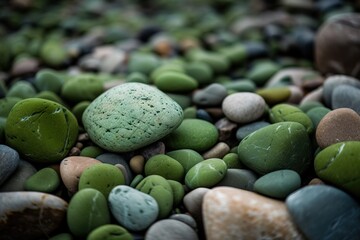 Fototapeta na wymiar a close up of rocks and pebbles with a green rock. generative ai