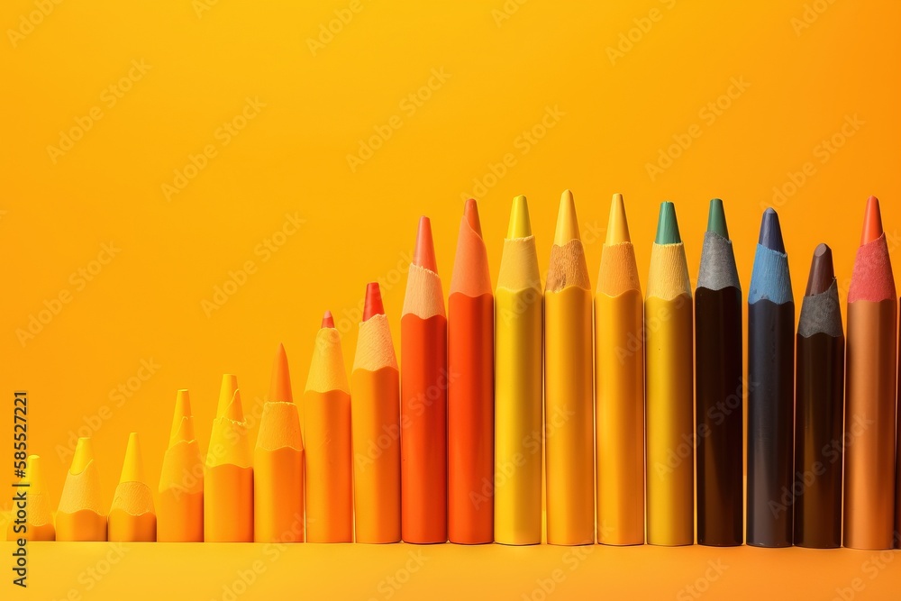 Poster a row of colored pencils sitting on top of a yellow table next to a row of smaller colored pencils o