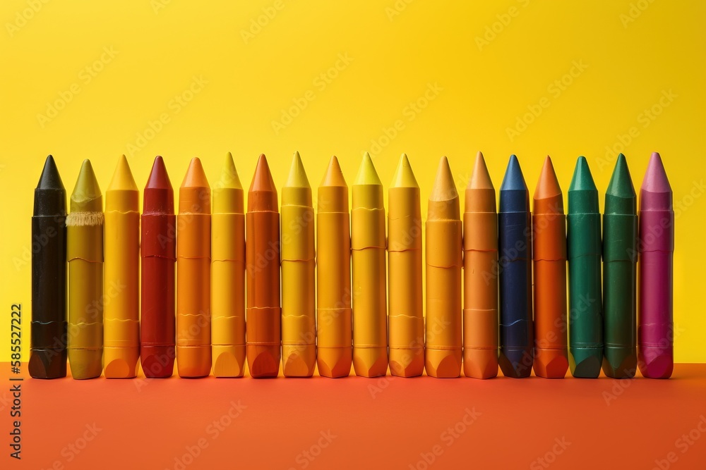 Poster a row of colored crayons sitting on top of each other in front of a yellow background with a red bot
