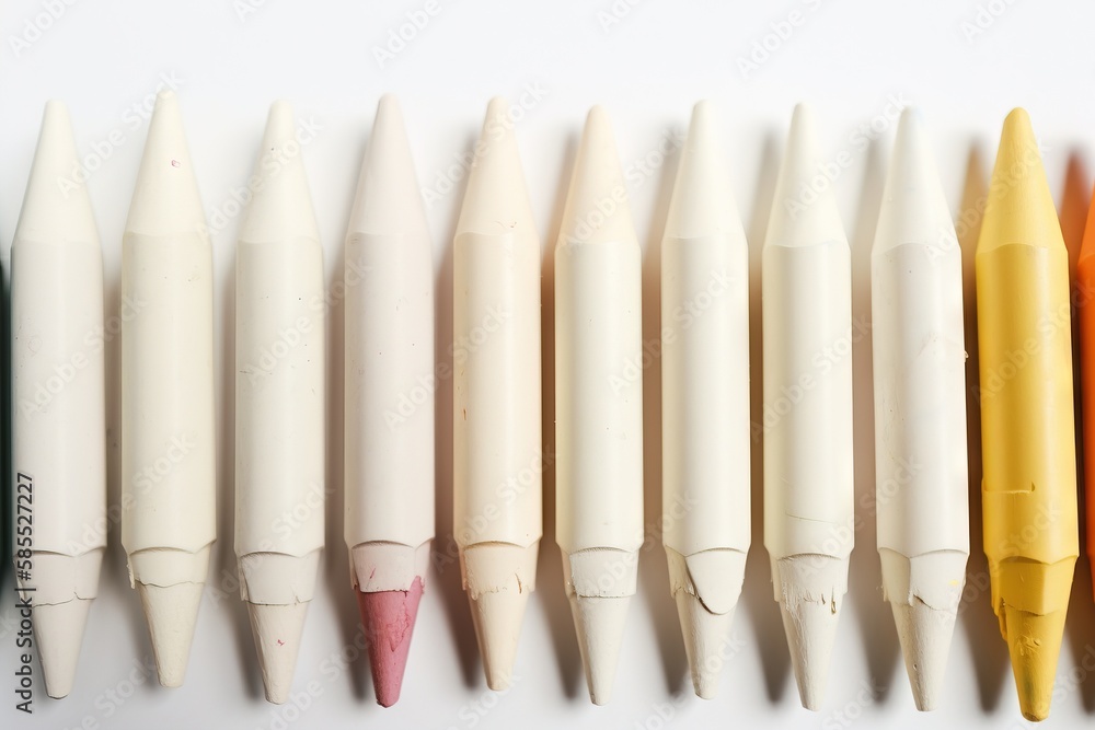 Poster a row of different colored pens sitting next to each other on a white surface with one of them lined