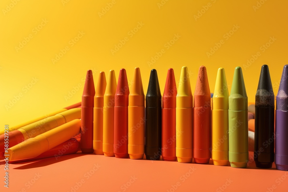 Poster a row of different colored crayons sitting on a table next to a yellow background with a yellow back