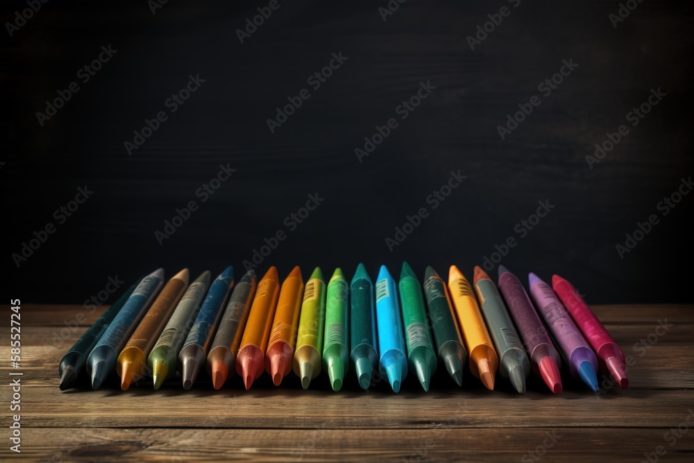 Poster a row of colored crayons sitting on top of a wooden table in front of a black background with space 
