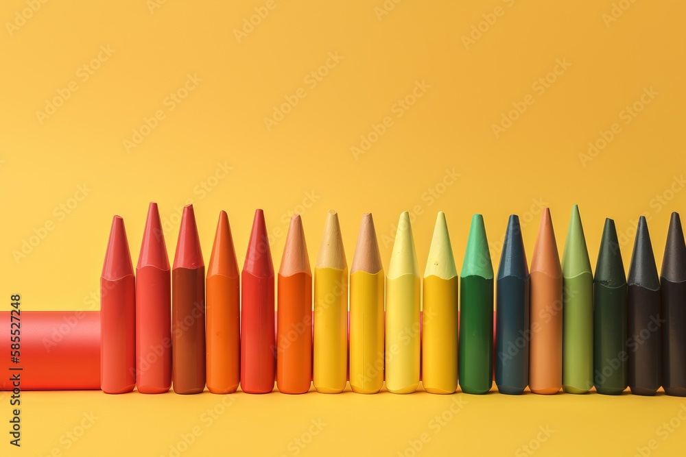 Poster a row of colored crayons sitting on top of a yellow table next to a pencil sharpener on a yellow sur