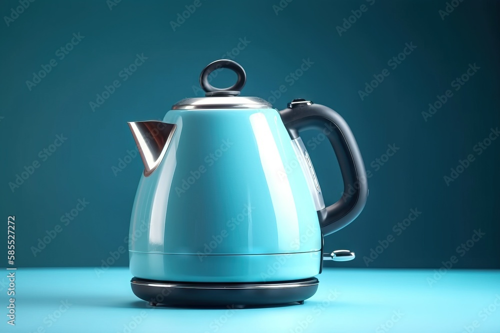 Aufkleber a blue kettle with a metal handle on a blue background with a black handle on the top of the kettle 