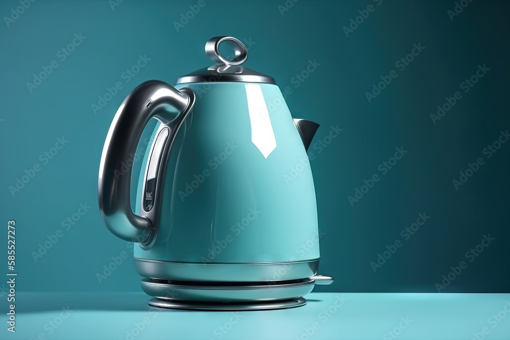 Aufkleber a tea kettle with a handle on a blue surface with a green background and a black handle on the top o