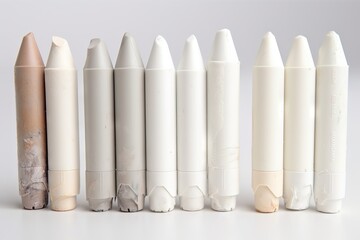  a row of different sized and shaped pens on a white surface with a white background and a few smaller ones in the middle of the row.  generative ai