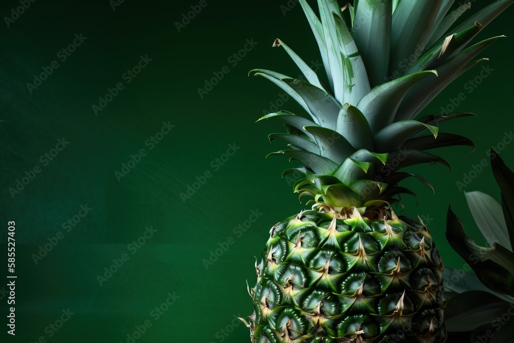 Poster a pineapple sitting on top of a table next to a green wall with a black border around it and a green