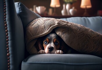 At home, a cute puppy dog is hiding behind the sofa. Generative AI