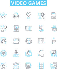 Video games vector line icons set. Gaming, consoles, Xbox, PlayStation, Nintendo, Action, RPG illustration outline concept symbols and signs