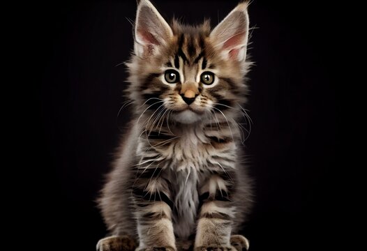 Cute brown tabby Maine Coon cat kitten, sitting up facing front. Looking towards camera with cute head tilt. Isolated cutout on transparent background. Generative AI