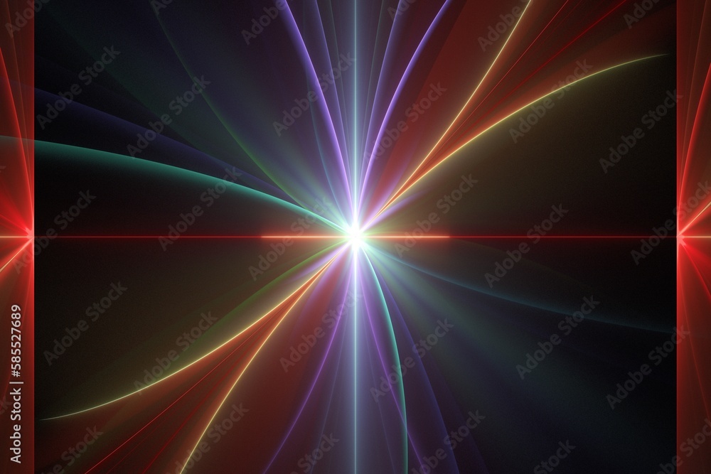 Poster multicolored glowing pattern of crooked rays on a black background. abstract fractal 3d rendering