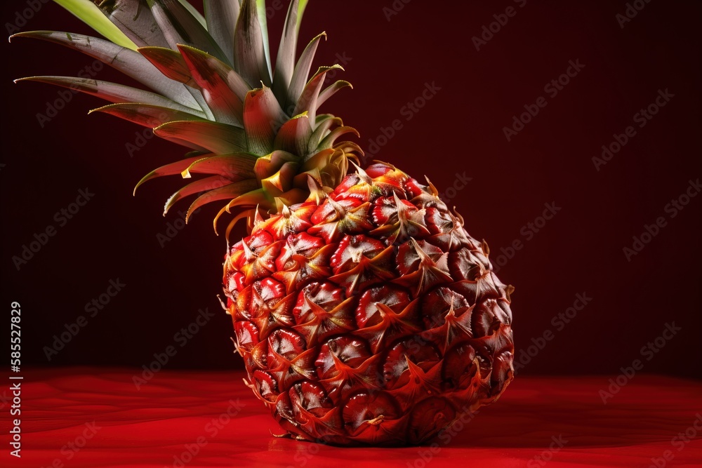 Poster  a pineapple with red and yellow leaves on a red tablecloth with a black background and a red background with a red background and white line.  generative ai