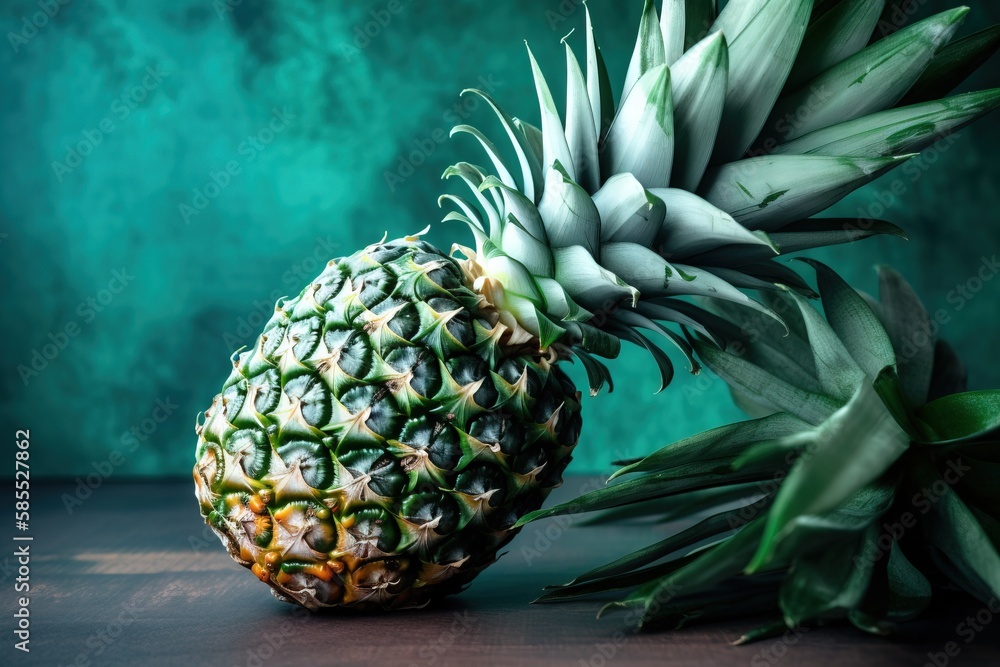 Aufkleber a close up of a pineapple on a table with a green wall in the backgrouf of the picture and a pineapp