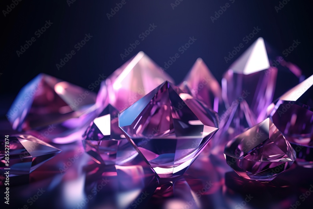 Poster a group of purple diamonds on a black background with a reflection of the diamond in the middle of t
