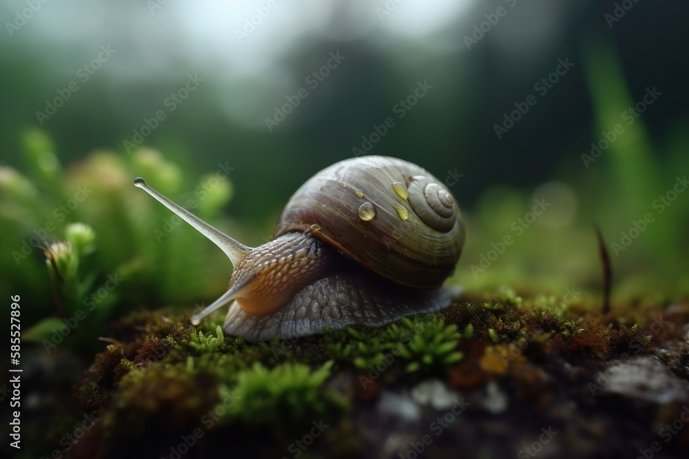 Poster a snail crawling on a mossy surface in the forest with a blurry background of trees and grass in the
