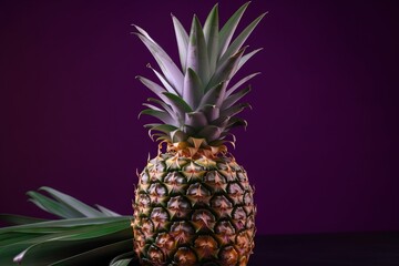  a pineapple sitting on top of a table next to a purple wall and a green leafy plant in the foreground of the picture.  generative ai