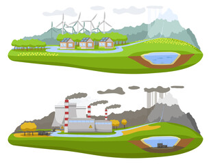 Banner ecology day. Before after alternative energy nature life on planet. Different pollution in environment. Renewable wind power generation. Ecological concept landscape poster. Vector illustration
