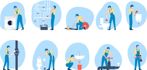 Plumbers working, repair pipes and toilet. Technician in bathroom, plumbing and construction. Handyman service, flat professionals recent vector characters