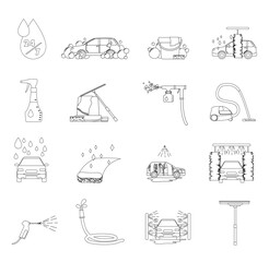 Set of carwash icons isolated on white background. Big collection of pictogram signs of car wash process. Black logo for print on flyer and web poster. Automobile cleaning. Flat vector illustration