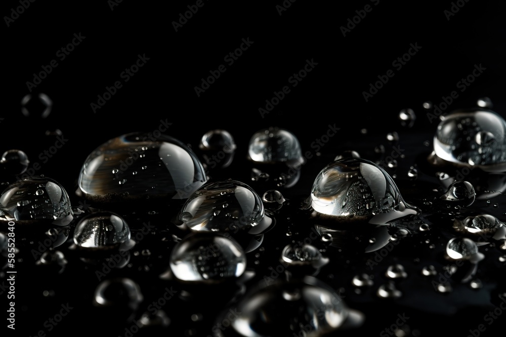 Poster a group of water droplets on a black surface with a black background and a few drops of water on the