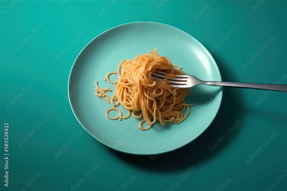 Poster a plate of spaghetti with a fork on a green tablecloth with a blue background and a green tablecloth