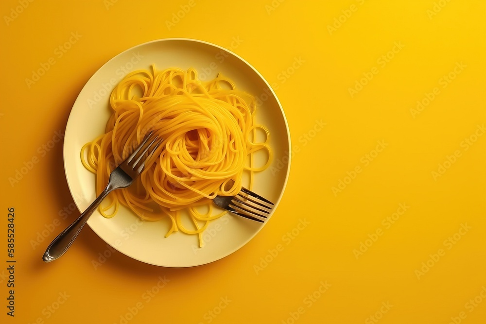 Poster a plate of spaghetti on a yellow background with a fork and knife on the side of the plate, with a f