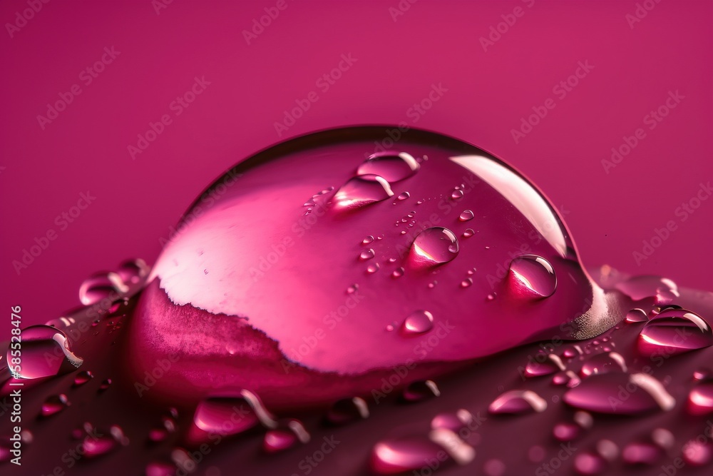 Poster  a pink object with water drops on it's surface and a pink background with a pink background and a pink background with a drop of water.  generative ai