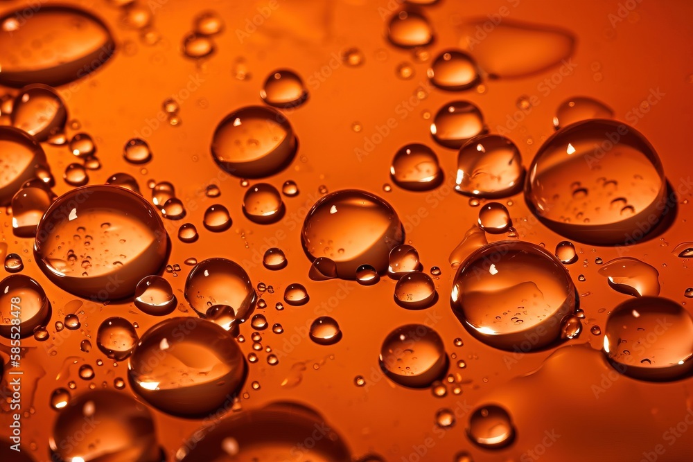 Poster a close up of water droplets on an orange surface with a red background and a black border around th