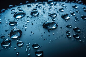  a group of water droplets on a surface of blue color with a black background and a black background with a blue background and a few drops of water droplets on the surface.  generative ai