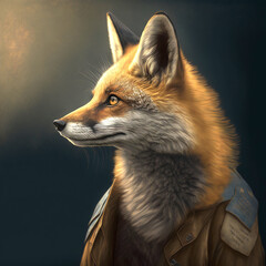 Fototapeta premium Mister brown fox illustration of wild fox wearing a jacket. Generative AI