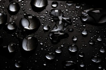  a close up of water droplets on a black surface with a black background and a white spot in the middle of the image with a black background.  generative ai