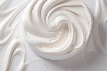  a bowl of white whipped cream on a white surface with a spoon.  generative ai