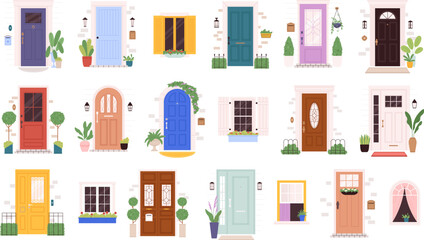Different doors and windows exterior facade design. Retro elegant house entrance, cartoon front door with plants and lantern, racy vector clipart - obrazy, fototapety, plakaty