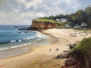 An oil painting of a beach with people. Generative AI