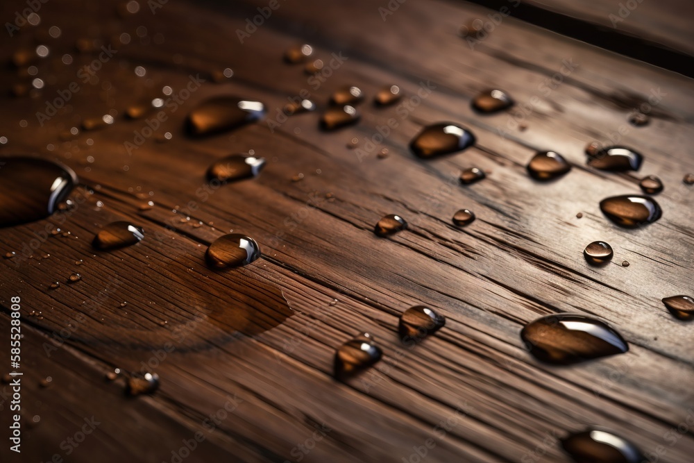 Poster a wooden table with water drops on it and a blurry background of wood grained with a light reflectio