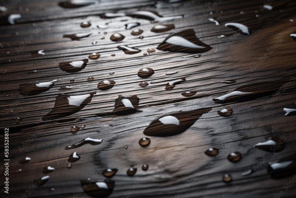 Aufkleber a wooden table with water drops on it and a black background with a white spot in the middle of the 
