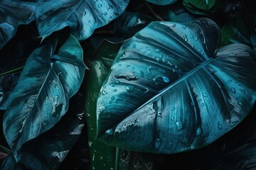  a close up of a green leaf with drops of water on it's leaves and a green plant with green leaves in the background.  generative ai