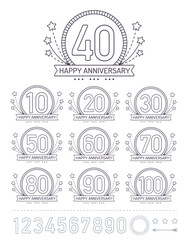 Anniversary signs collection in outline style. Celebration labels with sunburst elements.