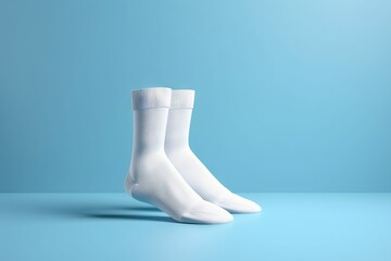  a pair of white socks sitting on top of a blue table next to a blue wall with a shadow of a person's feet.  generative ai