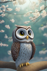 illustration of a cute owl in the spring landscape in the background, during the cherry blossom, generative AI