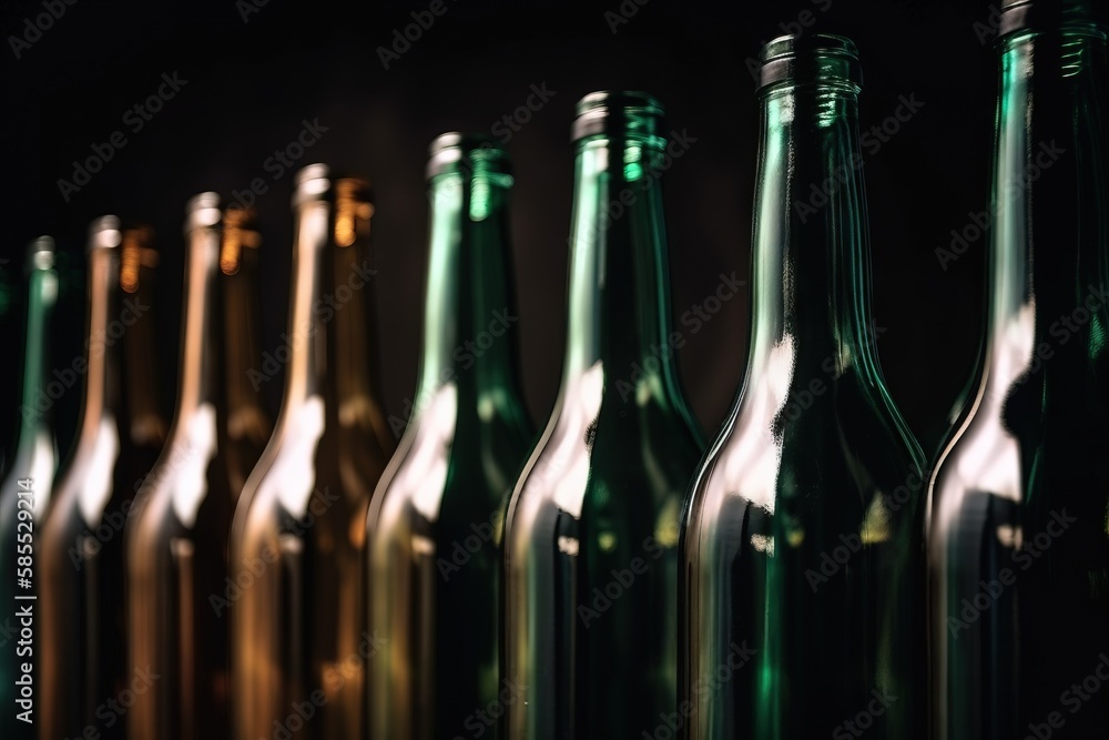 Poster a row of green and brown beer bottles on a black background with light coming through the bottle top