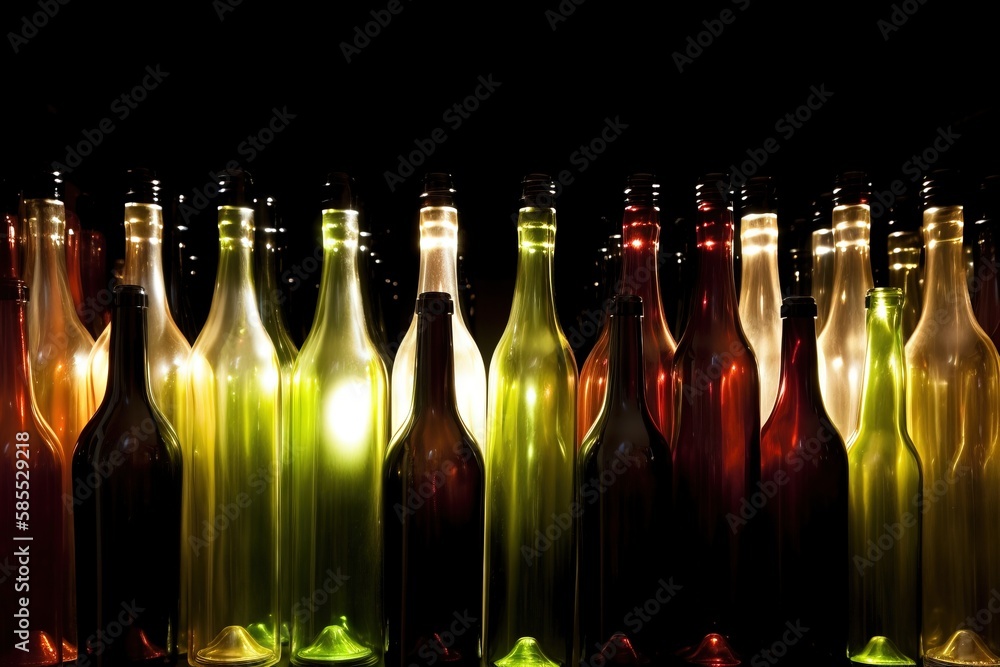 Poster a group of wine bottles sitting next to each other in a row on a black background with a light shini