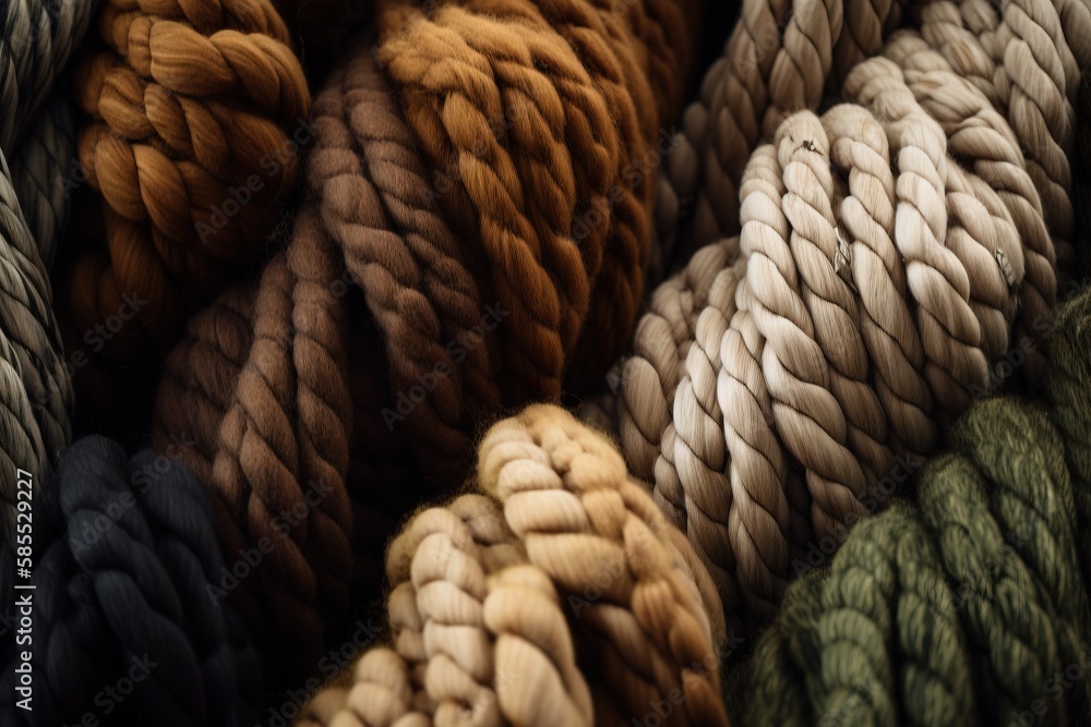 Poster a close up of a bunch of rope with different colors of yarn on it and the rope is multicolored and t