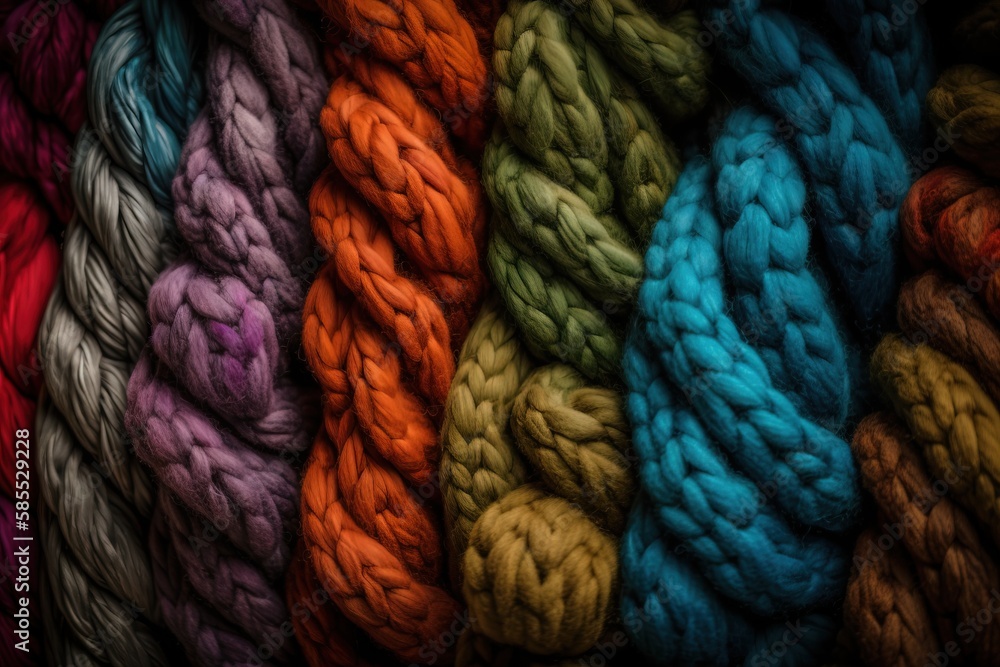 Poster  a group of multicolored skeins of yarn are shown in a close up view of the skeins and colors of the skeins of the skeins.  generative ai