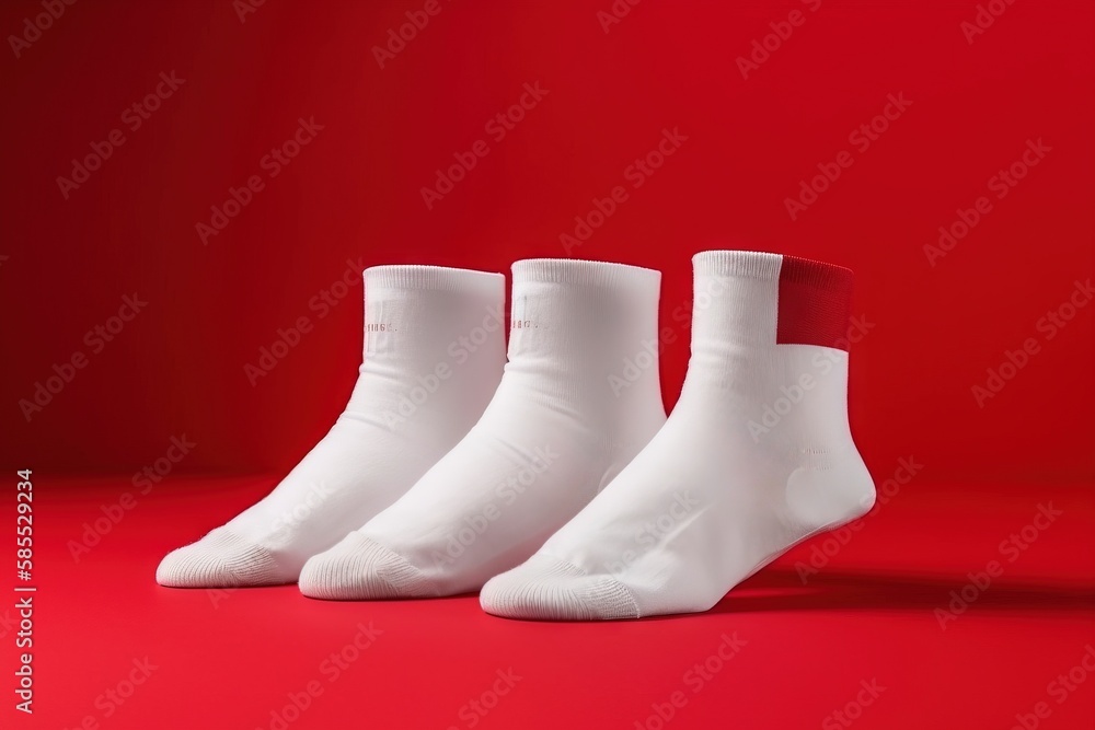 Poster three pairs of white socks sitting on a red surface with a red wall in the background and a red wall