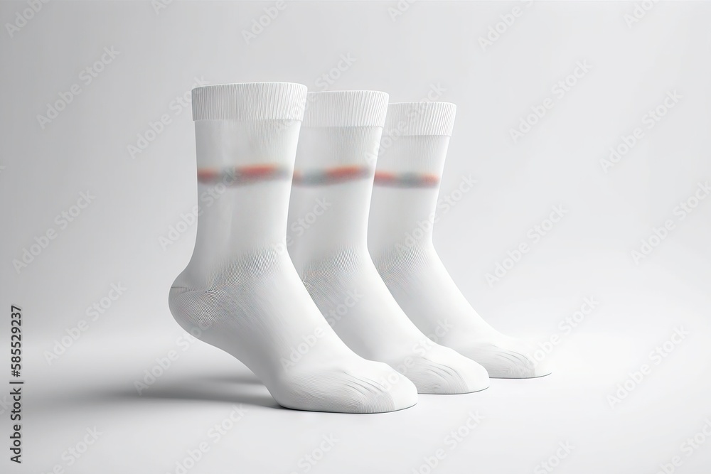 Poster three pairs of white socks on a white background with a reflection of the sun on the socks and the b