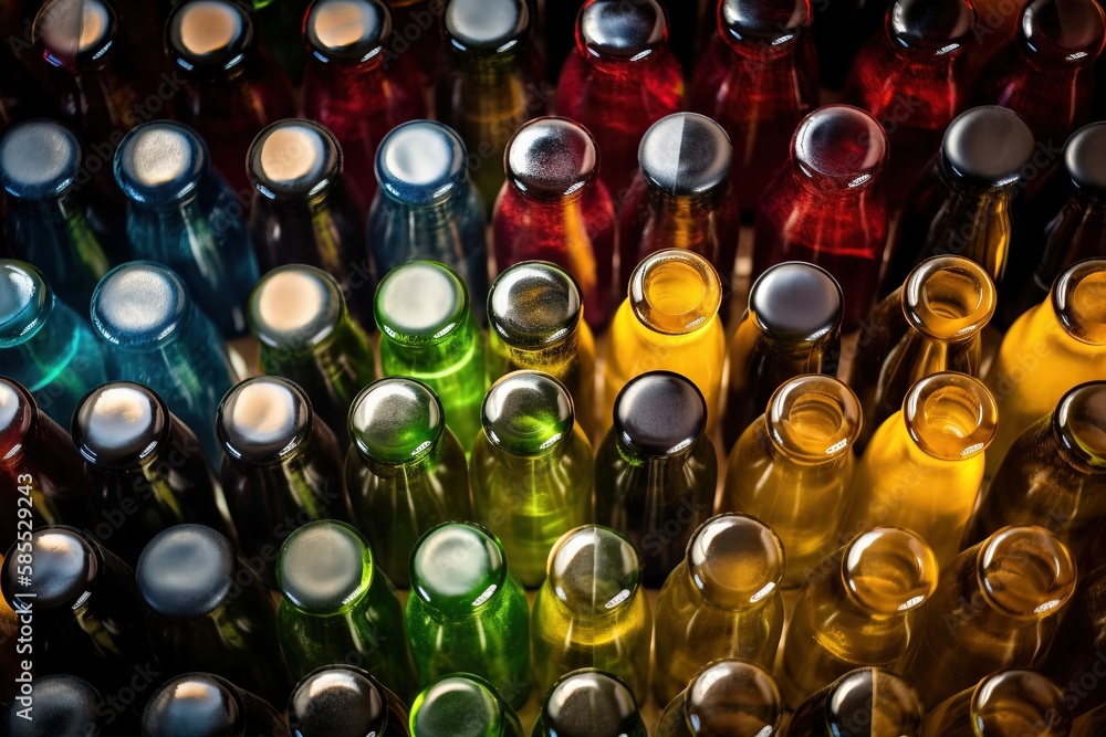Poster a bunch of bottles that are all different colors and sizes of bottles are stacked together in a row 
