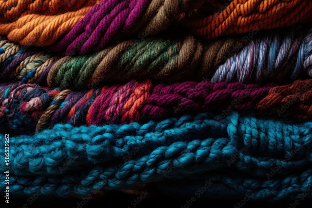 Aufkleber a pile of multicolored skeins of yarn on top of each other on a black background with a black backgr